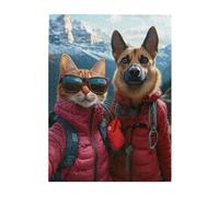 Cafemira Wooden jigsaw Puzzle 500 Pieces for Adults,Traveling Cat and Dog Taking Scenic Selfie,Adventurous Pet Duo,Brainstorming for Stress Relief,Exercise Hands on Skills and Thinking