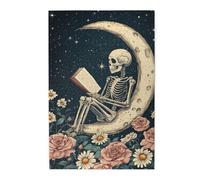 Cafemira Wooden Jigsaw Puzzle For Adults 1000 Piece,Skeleton Sitting On The Moon Reading A Book,Exploratory Hobbies And Challenges,Brainstorming For Stress Relief,Ideal For Party Game Nights