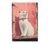 Cafemira Wooden Jigsaw Puzzle For Adults 1000 Piece,The White Kitten Looking Up At The Sky,Exploratory Hobbies And Challenges,Brainstorming For Stress Relief,Gift For Animal Lovers
