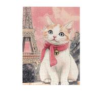 Cafemira Wooden jigsaw Puzzle for Adults 500 Piece,Cute kitten and landmark of the Iron Tower city,Exploratory hobbies and challenges,Brainstorming for Stress Relief,gift for animal lovers