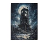 Cafemira Wooden jigsaw Puzzle for Adults 500 Piece,Haunting Moonlit View,Crumbling Ancient Tower,Exploratory hobbies and challenges,Brainstorming for Stress Relief,Ideal for party game nights
