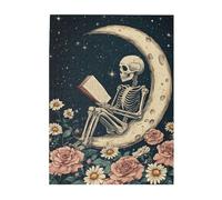 Cafemira Wooden jigsaw Puzzle for Adults 500 Piece,Skeleton sitting on the moon reading a book,Exploratory hobbies and challenges,Brainstorming for Stress Relief,Ideal for party game nights