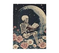 Cafemira Wooden jigsaw Puzzle for Adults 500 Piece,Skeleton sitting on the moon reading a book,Relieve Stress& Enjoy the Fun of Solving,Use your imagination to the fullest,Stunning Artwork