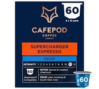 CafePod Espresso Decaf Coffee Pods - Compatible with Nespresso Coffee Machine, Intensity 12 with Rich Caramelised Chestnut Notes - Rainforest Alliance Sourced - Decaf Supercharger Espresso 60 Capsules