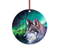 CafePress Dream Catcher Northern Light Wolf 4" Round MDF Wood Ornament