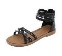 CAFETU Women Rivet Sandals Open Lace Up Sandals Summer Flat Sandals Braided Ankle Strap Beach Sandals Fashion Sandals Zipper Back Casual Roman Shoes, Black, 8 UK