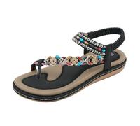 CAFETU Womens Flat Sandals Comfortable Summer Elastic Ankle Strap Bohemian Beach Sandals, Black/White, 10.5 UK