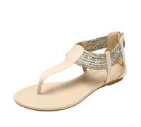 CAFETU Womens Roman Gladiator Sandals Flat Slip On T Strap Elastic Sandals, off-white, 6.5 UK