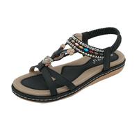 CAFETU Women's Summer Flat Sandals Comfy Bohemian Elastic Ankle Strap Beach Walking Sandals, Black/White, 9.5 UK