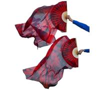 CaFfen Silk Belly Dance Fan Real Silk Veils 1 Pair Handmade Women Belly Dance Fan Black Red Blending(XL)
