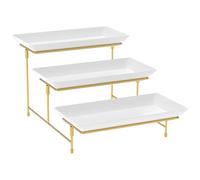 Caffney 3 Tier Serving Tray Set for Party Buffet Reusable PBT Plastic Platters with Gold Metal Stand, Tiered Food Display for Dessert Fruit Cake Snack, 47x29.5x22cm