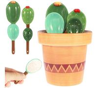 Caffney 4Pcs Porcelain Measuring Spoons Set with Base Cute Cactus Flower Shape Stirring Soup Spoon Reusable and Ceramic Flower Pot Measuring Spoon Set for Home Kitchen (Blue Cactus)