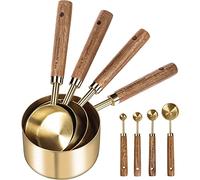 Caffney 8Pcs Gold Measure Cup and Spoon Set with Wooden Handle, Stainless Steel, Stackable Kitchen and Baking Measurement Set