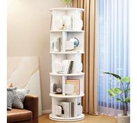 CAFIEDR 5-Tier Rotating Bookshelf 360° Wooden Corner Library Storage Solid Wood Bookcase Space-Saving Display Rack For Home And Office Modern Design Natural Finish.Blanc-5 Tie
