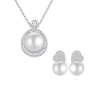 CAFIEDR 925 Sterling Silver 14mm Pearl Necklace Earrings Wedding Jewelry Sets for