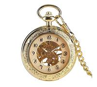 CAFIEDR Mechanical Pocket Watch for Men Women Special Magnifier Half Hunter Double Engraved Case Arabic Numerals with Chain