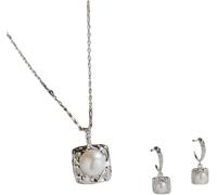 CAFIEDR Necklace And Earrings Set, Elegant Square With Inlaid Pearls Bridal Wedding Bridesmaid Ladies Jewellery Set -Silver color-A
