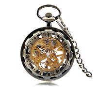 CAFIEDR Transparent Hollow Manual Mechanical Pocket Watch Bronze/Black Pendant Manual Winding Mechanical Pocket Watch (B One Size)