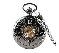 CAFIEDR Vintage Black Heart-shaped Mechanical Pocket Watch 30 Cm Chain Bag Wall Clock Men's Ladies (A One Size)