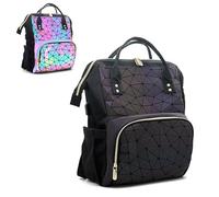 CAFINY Geometric Women's Backpack Geometries Glow Large Iridescent Backpack Geometrical Luminous Bag with USB port Holographic Travel Bags Retro Daypack for Casual, College, Work