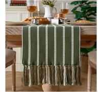 Caflife Boho Table Runner 108 Inchs Long Green, Cotton and Linen Woven with Tassels, for Modern Rustic Farmhouse Neutral Table Runners, Bohemian Kitchen Dining Table Home Decor