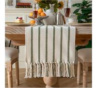 Caflife Boho Table Runner 60 Inchs Long Green and Beige, Cotton and Linen Woven with Tassels, for Modern Rustic Farmhouse Neutral Table Runners, Bohemian Kitchen Dining Table Home Decor