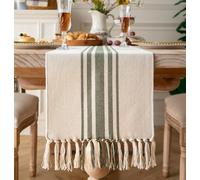 Caflife Boho Table Runner for Modern Farmhouse Decor, 13 x 72 Inch Long, Coffee Table Runner with Handcrafted Tassels, Green and Beige Stripe