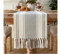 Caflife Boho Table Runner Grey Stripe for Modern Farmhouse Coffee Table Decor, Rustic Woven Runner with Handcrafted Tassels for Home Dining Table décor 13 x 108 Inch Long