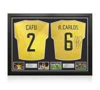 Cafu and Roberto Carlos Signed Brazil 2024 Football Shirts. Dual Frame