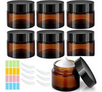 CafullCon 100ml Amber Glass Jars, 6Pack Empty Round Cosmetic Jars with Lids und Inner Liners, Face Cream Storage Containers, Travel Pots with Spatula and Labels for Toiletries, Lotion, Powder, Creams