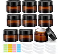 CafullCon 50ml Amber Glass Jars, 9Pack Empty Round Cosmetic Jars with Lids und Inner Liners, Face Cream Storage Containers, Travel Pots with Spatula and Labels for Toiletries, Lotion, Powder, Creams