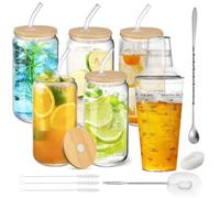 Cafultgo 16oz Glass Cup 5 Packs Drinking Glasses with Lids and Glass Straws, Cocktail Spoon, one 530ml Cocktail Shaker for Home Bar Milk Tea Shop Party Coffee Shop Restaurant (5 PCS)