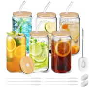 Cafultgo 6 Pcs Sublimation Glass Cans with Straws and Bamboo Lids for Cocktails, Whiskey, Cola, Juice, Soda, Tea, Water, Gift Set (16OZ Glass) (Transparent)