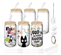 Cafultgo 6 Pcs Sublimation Glass Cans with Straws and Bamboo Lids for Cocktails, Whiskey, Cola, Juice, Soda, Tea, Water, Gift Set (16OZ Glass) (Transparent Sublimation)