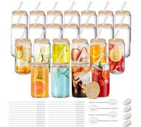 Cafultgo Smoothie Cups 24 Pack Glass Tumbler with Straw and Lid 16OZ Glass Cup Iced Coffee Cups Drinking Cup Set with Wooden Lids Home Essential Glass Tumblers for Beer Tea and Latte Clear