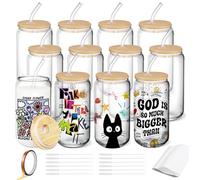 Cafultgo Sublimation Blanks, Sublimation Tumblers 16OZ Sublimation Glass Cans 12 Pack Sublimation Glass Blanks with Lid Sublimations Glasses Tumblers for Iced Coffee Juice Soda Drinks