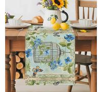 Cage Floral Table Runner 18x72 Inches Long Retro Watercolor Butterfly Blue Flower Leaf Farmhouse Cotton Linen Table Runner Burlap Style for Dinner Table Party Decor Tabletop Decorations