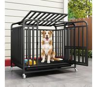 Cage Kennel with Lockable Wheels Thick Galvanized Square Tube Top Skylight with Removable Tray(Black,95 cm L x 65 cm W x 85 cm H)