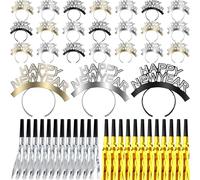 Cagemoga 48 Pack New Year Party Supplies with 24 Happy New Year Headbands and 24 Glitter Fringed Noise Maker for New Years Eve Party Favors