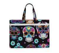caghkb Sugar Skull Print Lightweight Foldable Canvas Tote File Bag Storage For Office Supplies Commuting