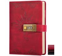 CAGIE Compass Leather Notebook A5 Journal With Lock for Men Hard Cover 160 Pages Lockable Diary Unlined Kraft Paper for Writing, Blank Travel Book Sketch Pad Red