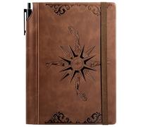 CAGIE Compass Leather Notebook Journal for Men, 100 GSM 288 Pages Lined Journals for Writing, A5 Hardcover Journaling Notebooks Gifts Set with Pen for Travel Office Daily Writing, Brown