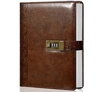 CAGIE Locking Journal for Adults Journal with Lock Large Binder Notebook 6 Rings Refillable,Combination Passwords,Classic Embossed Leather, Brown