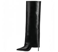 CAGLGLZ Fold Over Boots For Women Long Boots Women's Knee High Boots Stiletto High Heel Pointed Toe Dress Pull On Tall Boots, Black, 6.5 UK