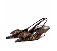 CAGLGLZ Kitten Heel Slingbacks for Women Satin Flower Pointed Toe Gold Low Heel Pumps Ankle Strap Backless Heels Sexy Dressy Party Work Shoes, Leopard, 4 UK