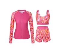Cagola Rash Guard for Women 3 Piece Swimsuits Long Sleeve Bathing Suit with Boyshorts and Bra Ladies Swim Over 50 UPF 50+, Rose Leaves, XXL