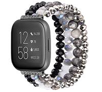 CAGOS Beaded Bracelet Compatible with Fitbit Versa 2 Band/Fitbit Versa Bands Women, Handmade Jewelry Elastic Replacement Bands Pearl Straps for Fitbit Versa 2 Special Edition SmartWatch (Black)