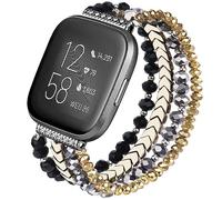 CAGOS Cute Bracelet Compatible with Fitbit Versa 2/1/Lite Bands Women, Handmade Beaded Elastic Replacement Bands Accessories Straps for Special Edition Versa Watch, Gold/Black, Size 5.5"-6.9" Wrist