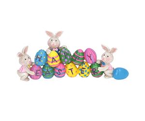 CAGUYLONA Easter Centerpiece, Hand Painted Resin Bunny Eggs Tabletop Figurine, Cute Easter Decoration with 3 Bunnies and 11 Colorful Eggs, HAPPY EASTER Engraved for Spring Party Home Office