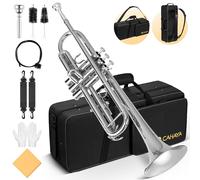 CAHAYA Bb Standard Trumpet Set: Brass Student Trumpet Instrument with Hard Case 7C Mouthpiece Gloves for Beginner or Advanced Student Band Orchestra Silver